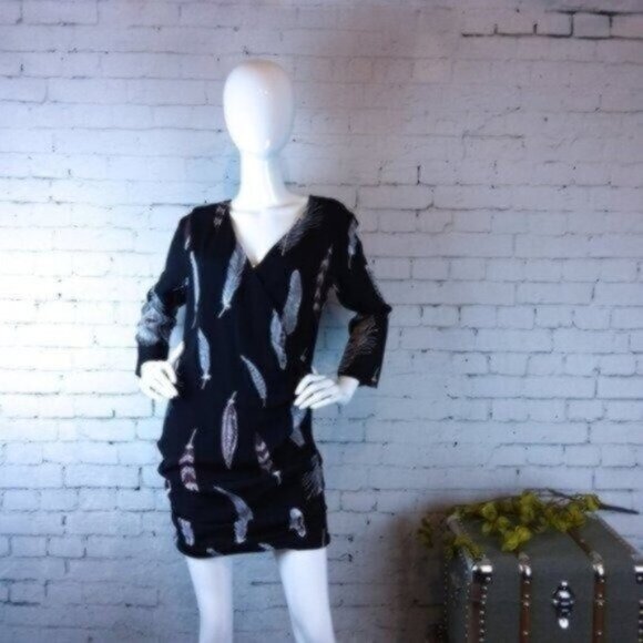Line & Dot Surplice Ruched Feather Dress Black Small - Picture 2 of 7